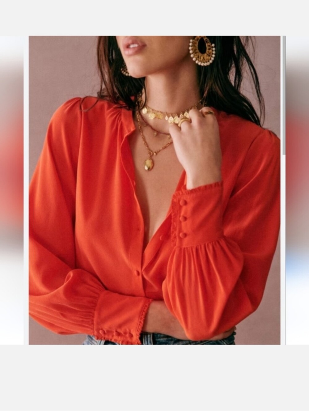 Sézane Lea Bright Orange Silk Button Long Sleeve Shirt Sz 34